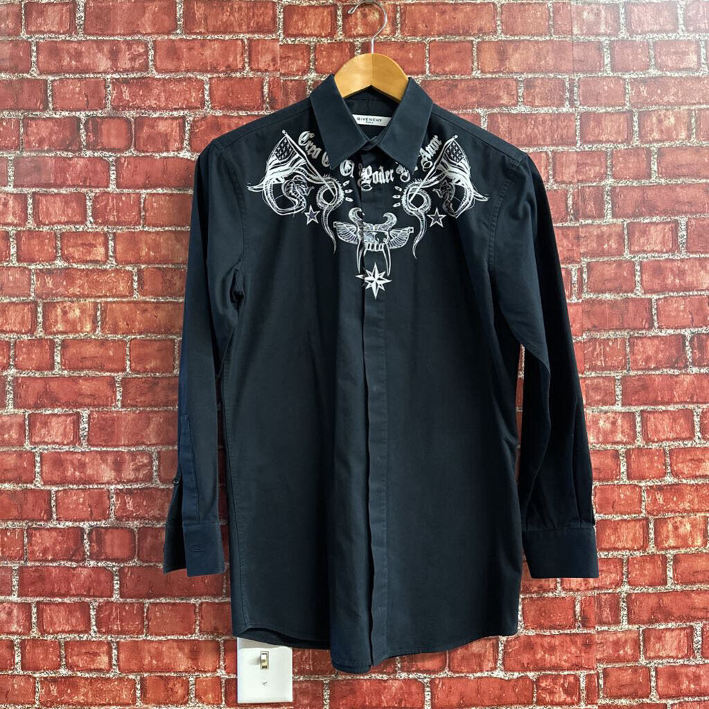 Givenchy Tattoo Print Cotton Button Down Creo En El Poder Del Amor Black Size S