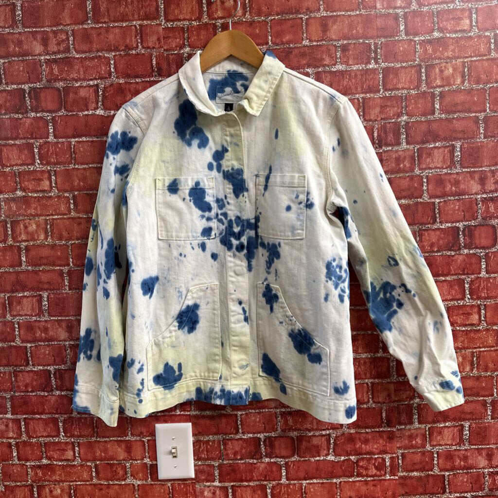 Hand Printed Tie Dye Denim Jacket White Blue Size S