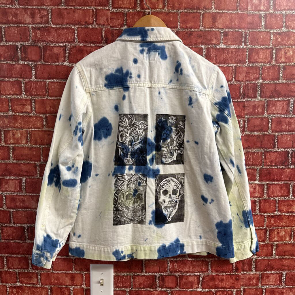 Hand Printed Tie Dye Denim Jacket White Blue Size S