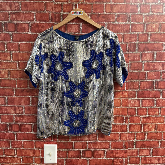 Vintage Pure Silk Sequin Floral Top Blue Silver Size L