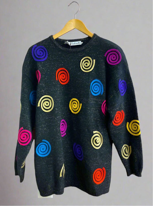 Vintage Rafaella Spiral Pattern Sweater Black and Multi Color Size M