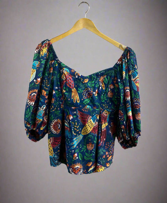 Farm Birds And Vines Boat Neck Top Size Small