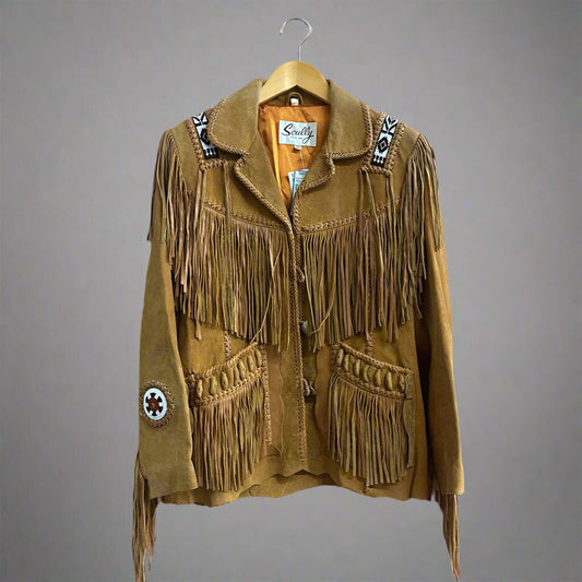 Vintage Scully Fringe and Beaded Leather Jacket Brown Size 12