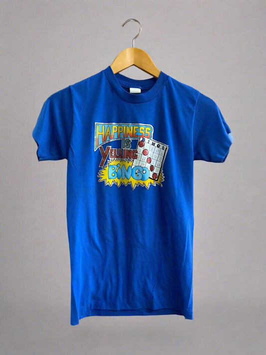 Vintage 80s Happiness is Yelling Bingo Tee Blue Size S