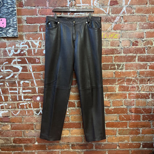 Vintage 90s Gianni Versace Leather Pants Zipper Detail Brown Size 36