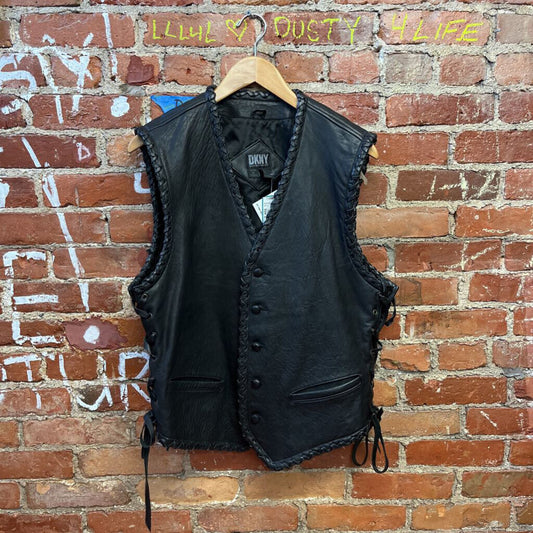 Vintage DKNY Woven Detail Leather Vest Black Size L