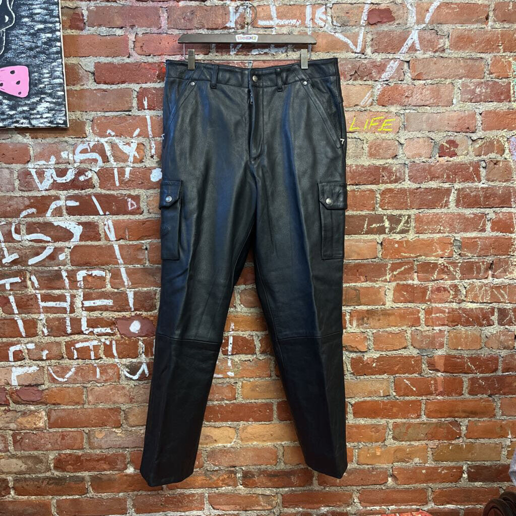 Vintage Flying Bikes Cargo Leather Pants Black Size 36