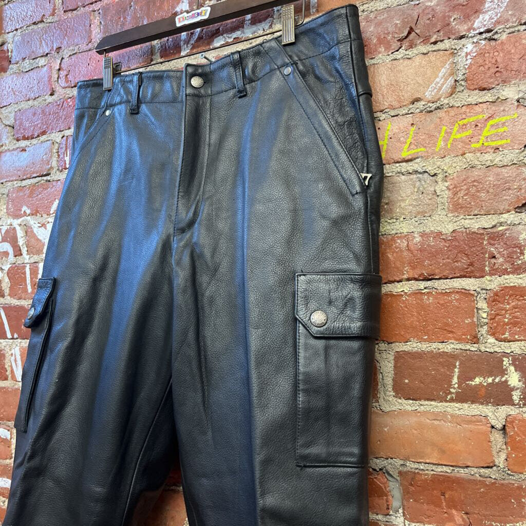 Vintage Flying Bikes Cargo Leather Pants Black Size 36