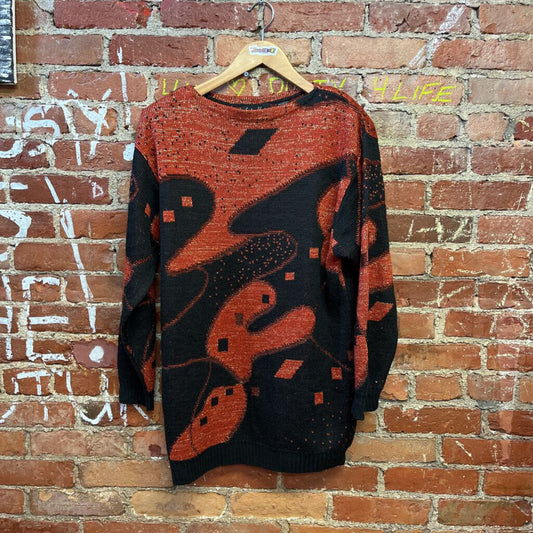 Leslie Knits Abstract Sweater Orange Black Size M