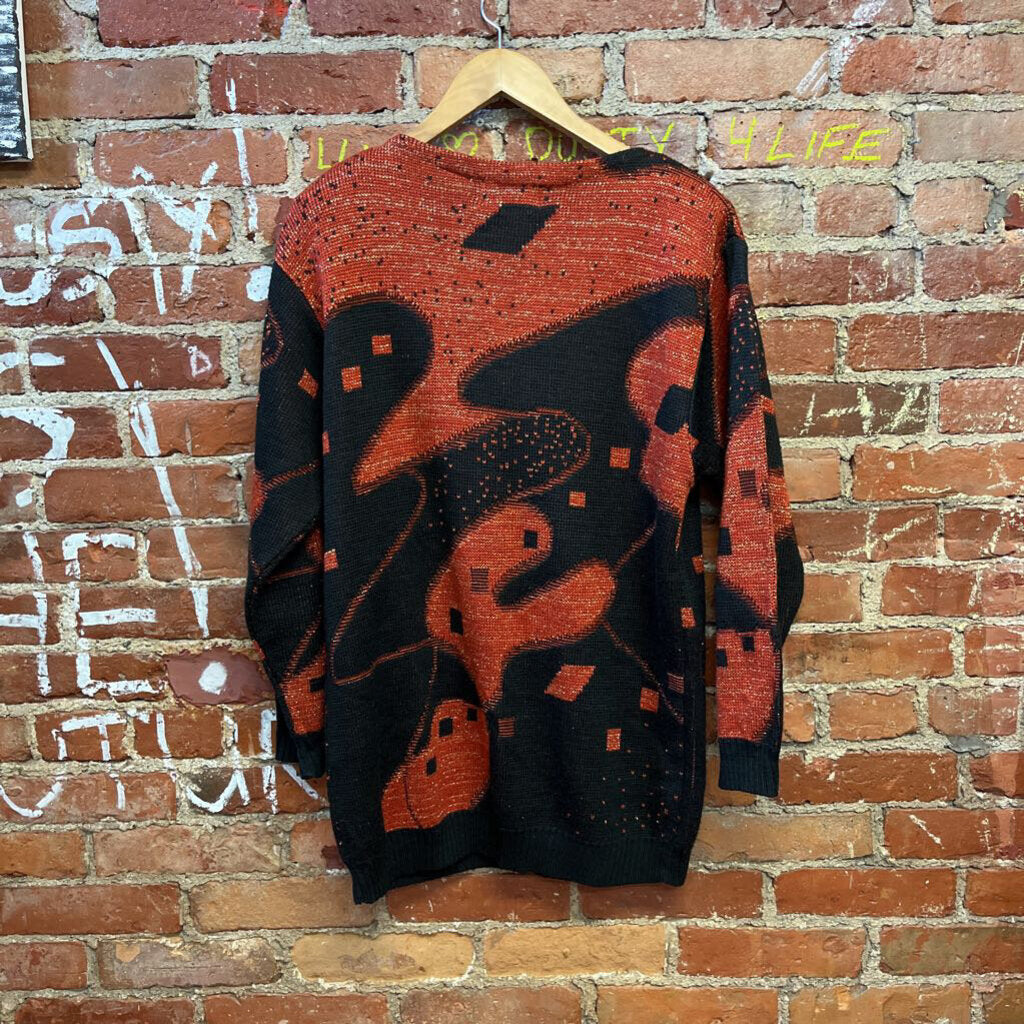 Leslie Knits Abstract Sweater Orange Black Size M