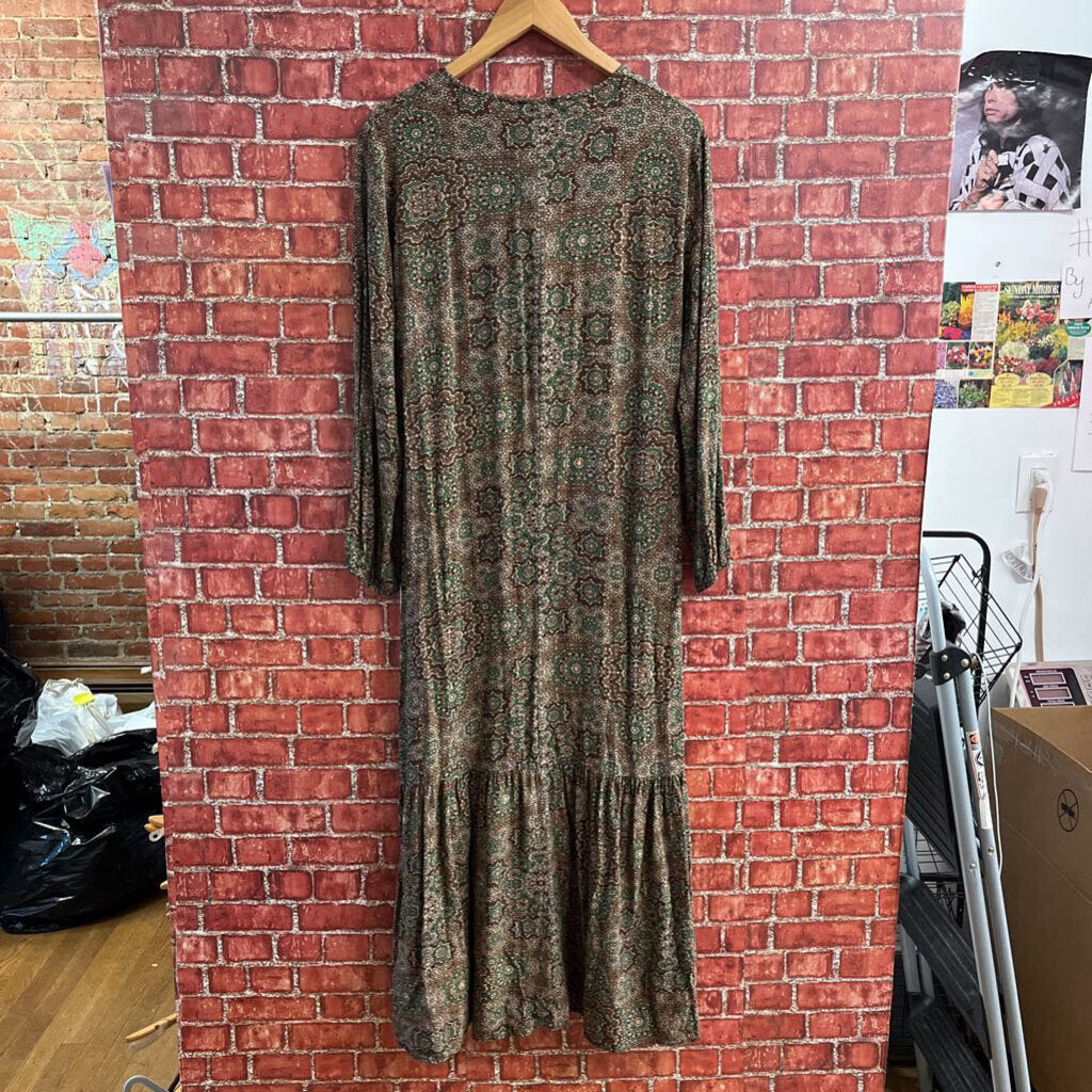 Zenane Abstract Print Maxi Dress Long Sleeve Brown Green Size 42