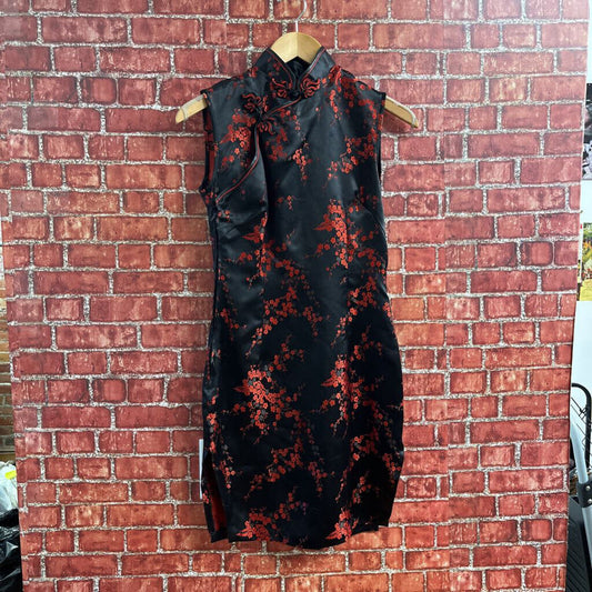 Floral Traditional Chinese Dress Black Red Size S