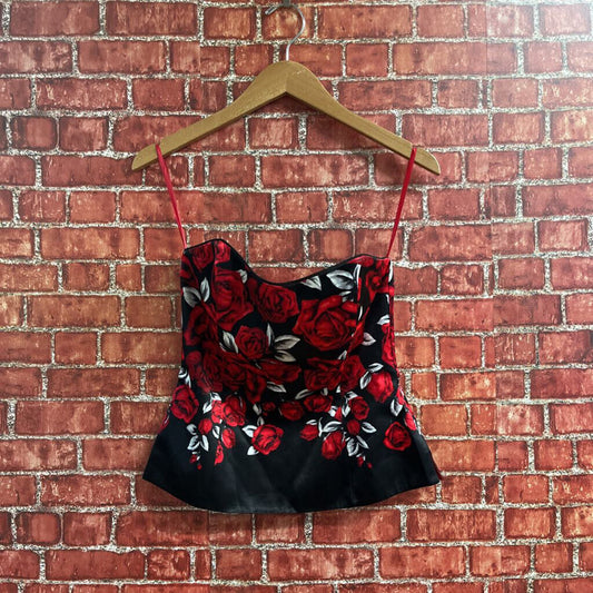 White House Black Market Floral Sleeveless Corset Top Black Red Size 0