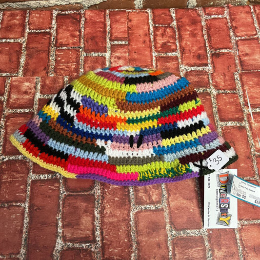 Knit Smiley Face Rainbow Bucket Hat Multi OS