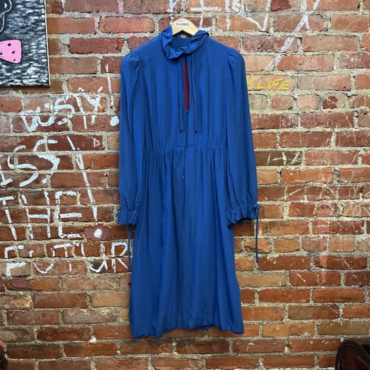 Vintage Schjelde Silk Long Sleeve Midi Dress Blue Size M