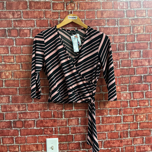 Vintage Y2K Niche Striped Stretch Top Midi Sleeve Black Pink Size L