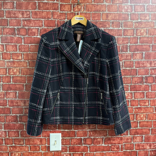 Y2K Bandolini Tweed Plaid Moto Blazer Jacket Black Size 14