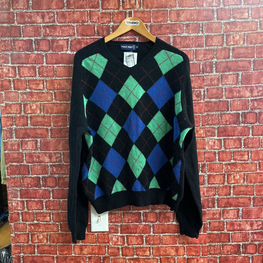 Polo Golf Ralph Lauren Argyle Merino Wool Sweater black Green blue Size XL