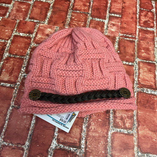 Knit Beanie Braided Leather Strap Pink OS