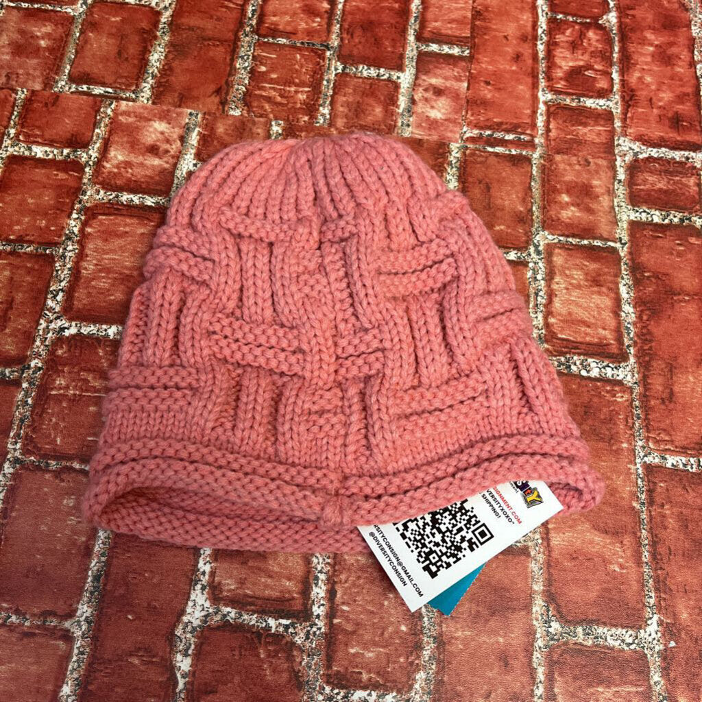 Knit Beanie Braided Leather Strap Pink OS