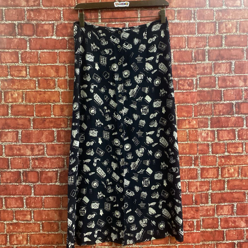 Ballinger Gold Picnic Print Button Front Midi Skirt Black Size M