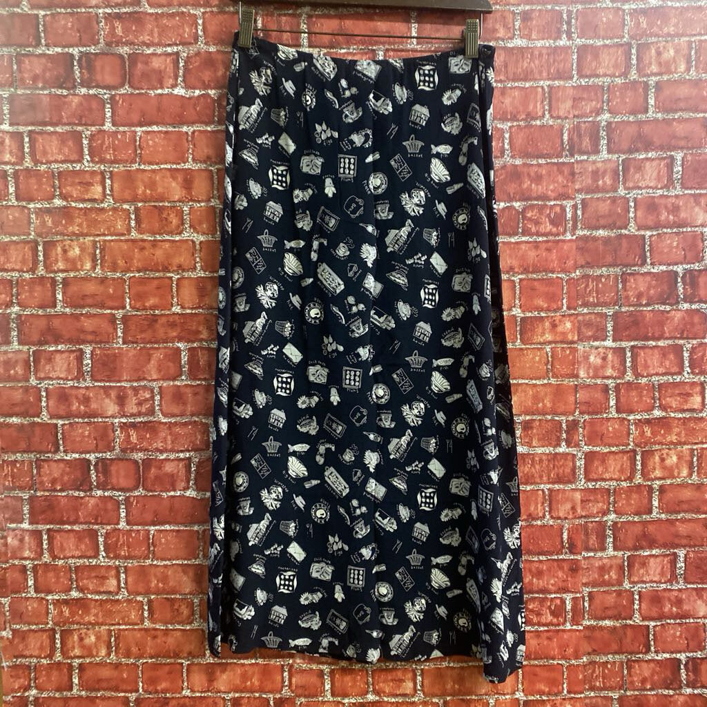 Ballinger Gold Picnic Print Button Front Midi Skirt Black Size M