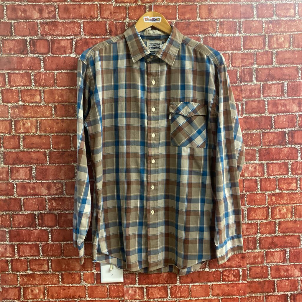 Vintage 80s Levis Plaid button Down Brown blue Size L