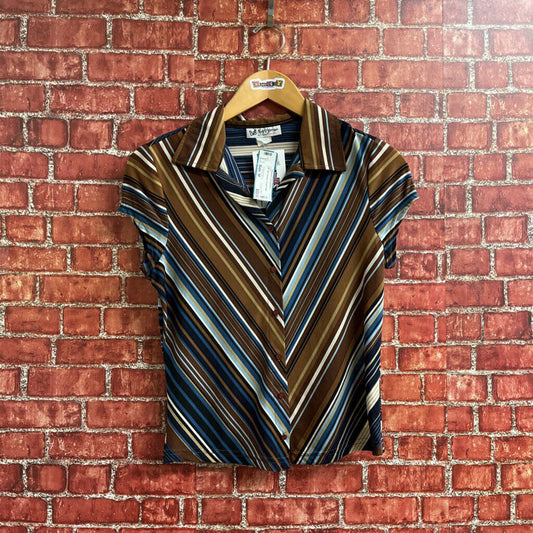 Y2K Self Esteem Striped Polo Top Brown blue Size M