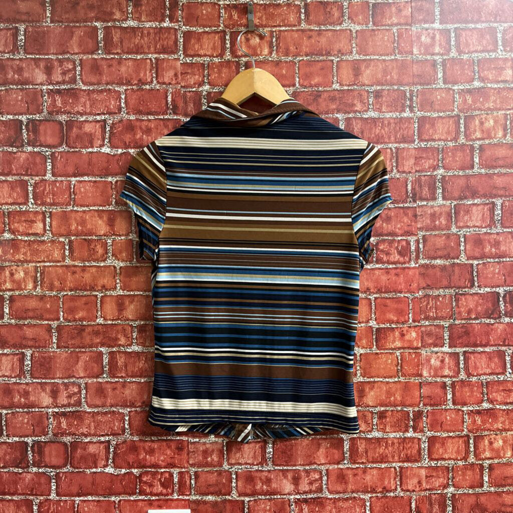 Y2K Self Esteem Striped Polo Top Brown blue Size M