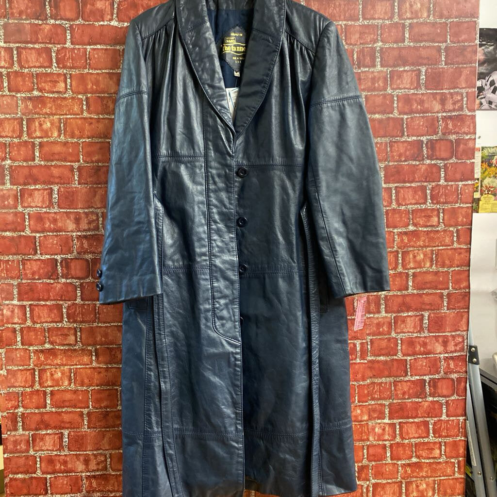 Vintage The Tannery Leather Jacket Trench Coat Blue Size 15/16