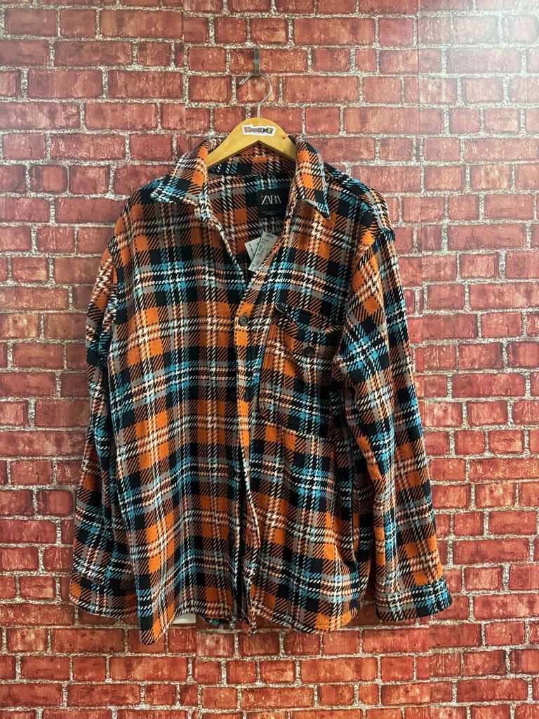 Zara Abstract Button Down Flannel Shirt Orange/Blue XL