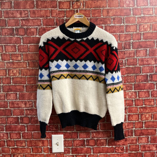 Vintage Matt Andrews Knit Sweater White and Multi Color Size S