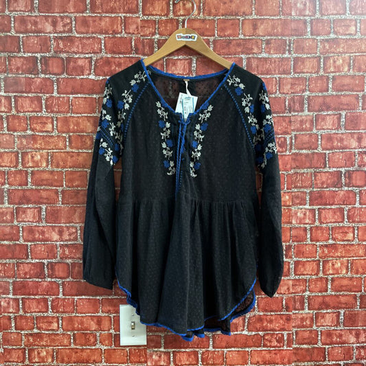 Free People Sheer Embroidered Top Black Size M