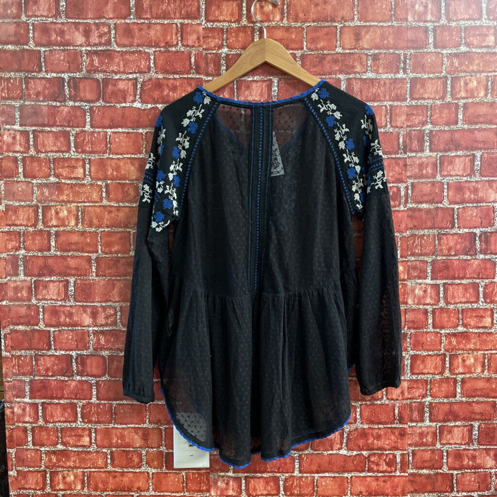 Free People Sheer Embroidered Top Black Size M