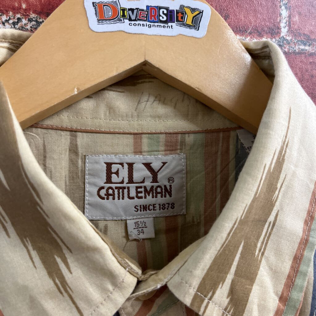 Ely Cattleman Western Pearl Snap Button Down Tan Size L