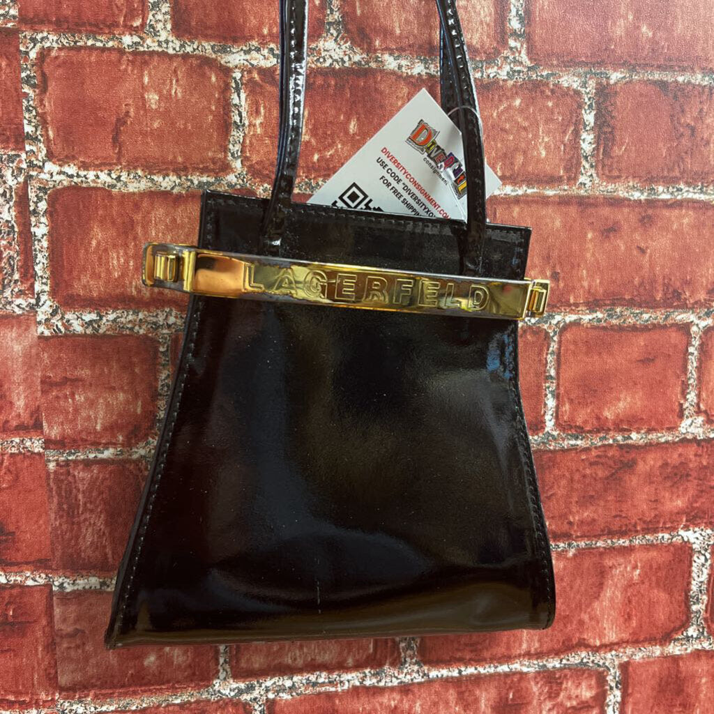 Vintage Karl Lagerfeld Patent Leather Crossbody Gold Closure Black