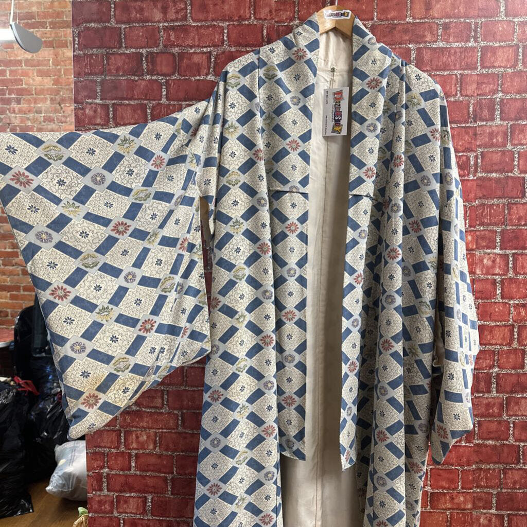 Vintage 70s Floral Kimono Robe Cream Blue