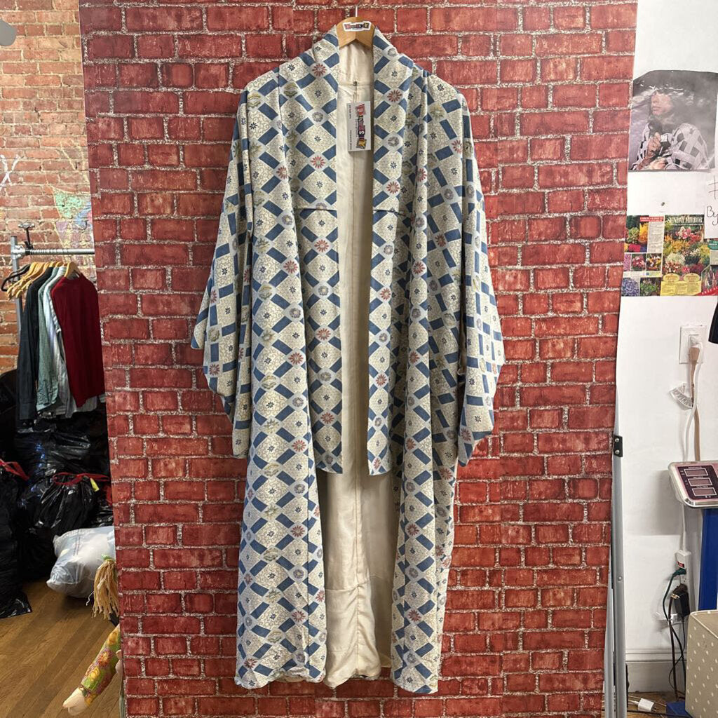 Vintage 70s Floral Kimono Robe Cream Blue