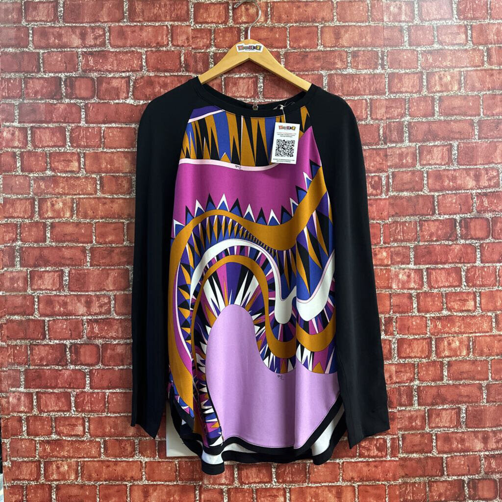 Emilio Pucci Long Sleeve Top Black Multi Color Size 14