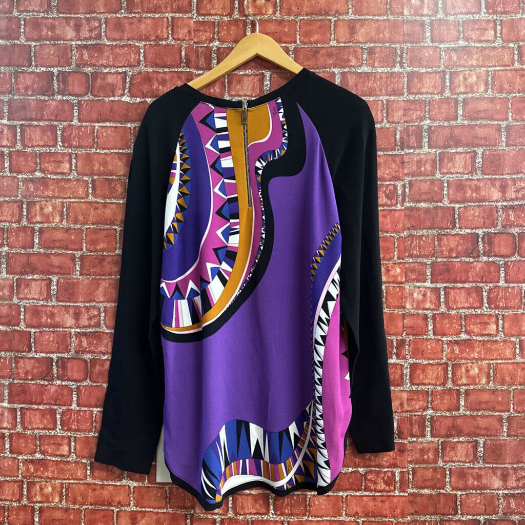 Emilio Pucci Long Sleeve Top Black Multi Color Size 14