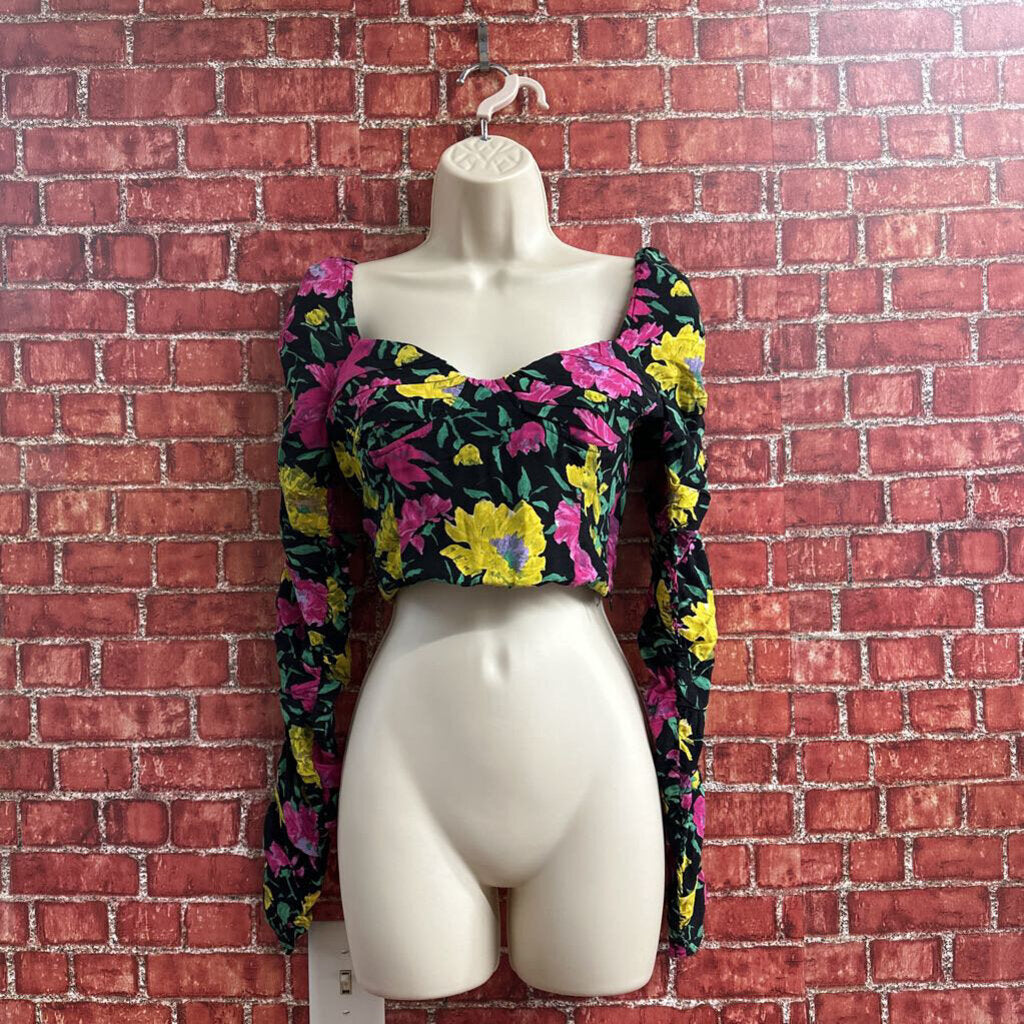 Zara Floral Crop Long Sleeve Top Black Multi Color Size XS