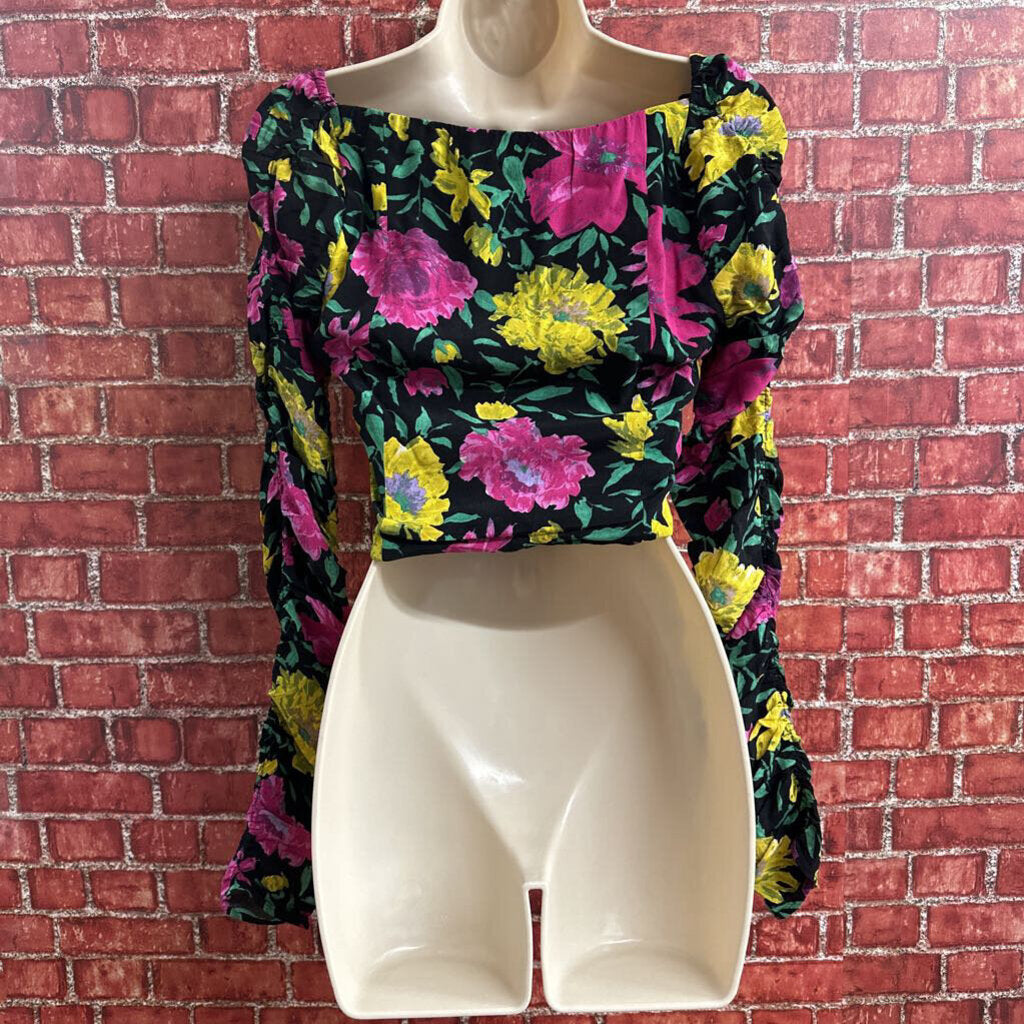 Zara Floral Crop Long Sleeve Top Black Multi Color Size XS