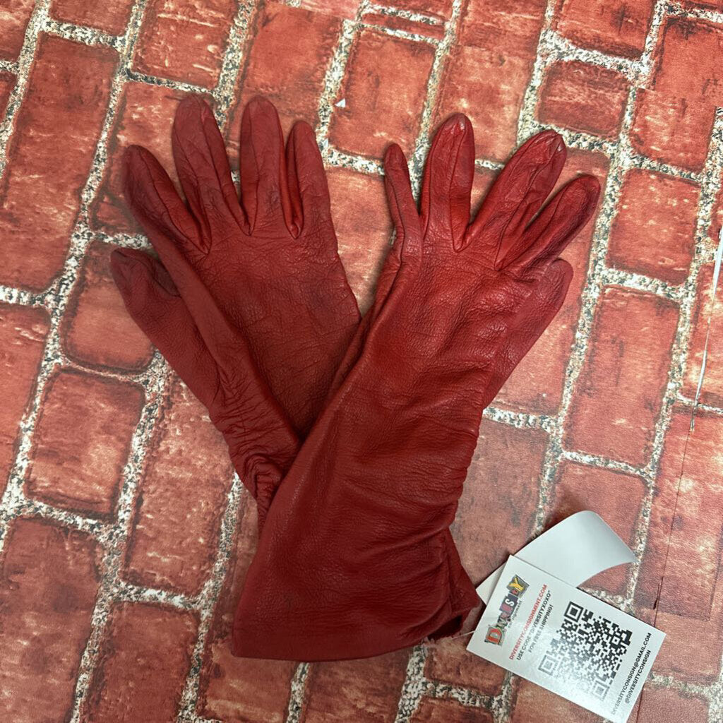 Vintage Ruched Leather Gloves Red