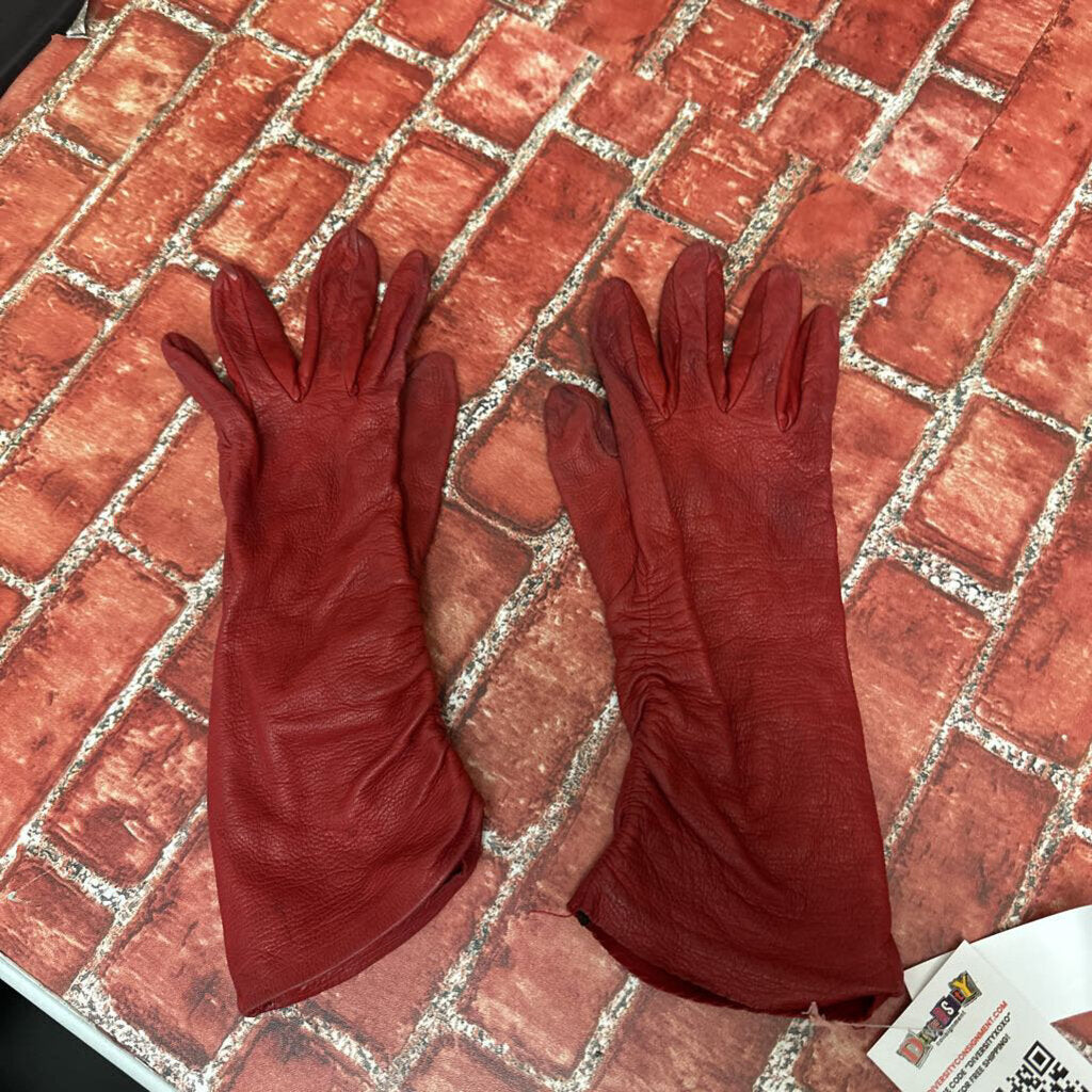 Vintage Ruched Leather Gloves Red