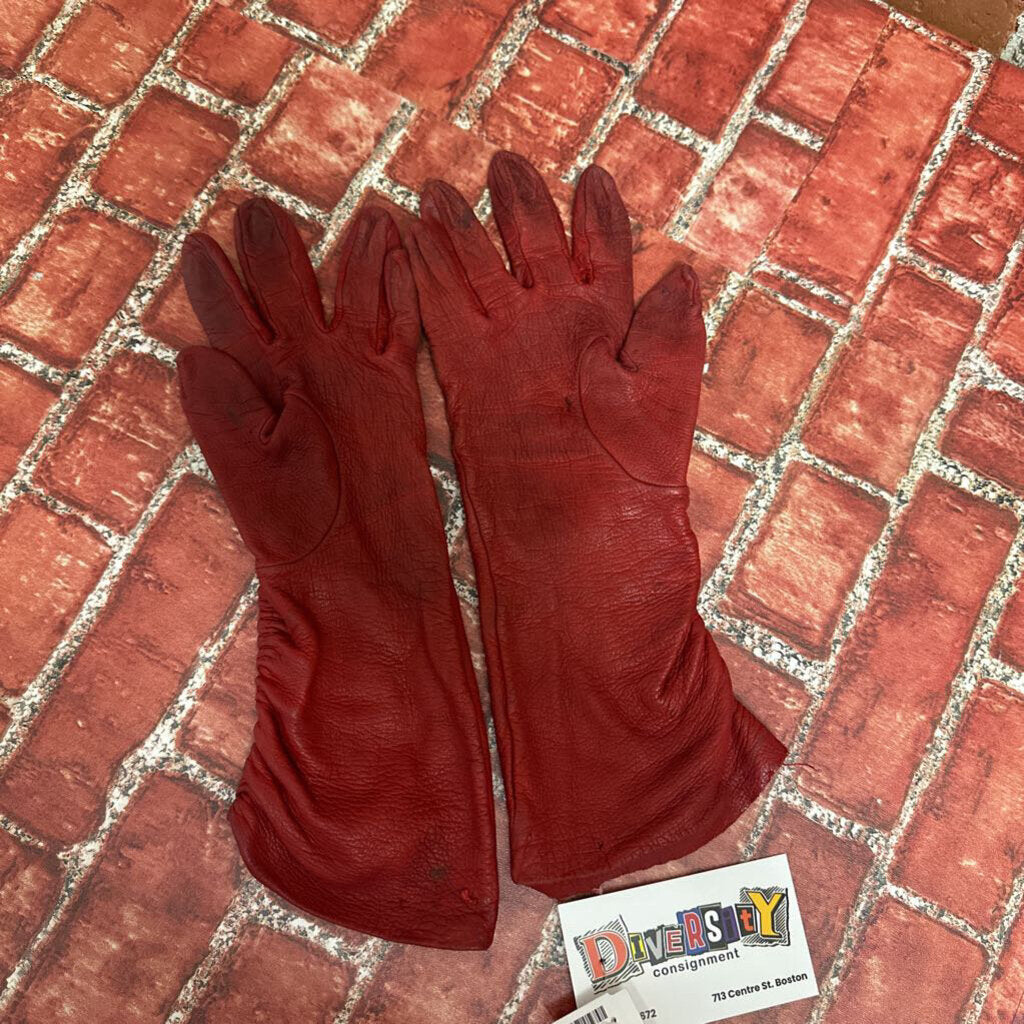 Vintage Ruched Leather Gloves Red