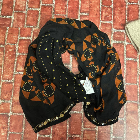 Linen Printed Scarf Sequin Detail Black