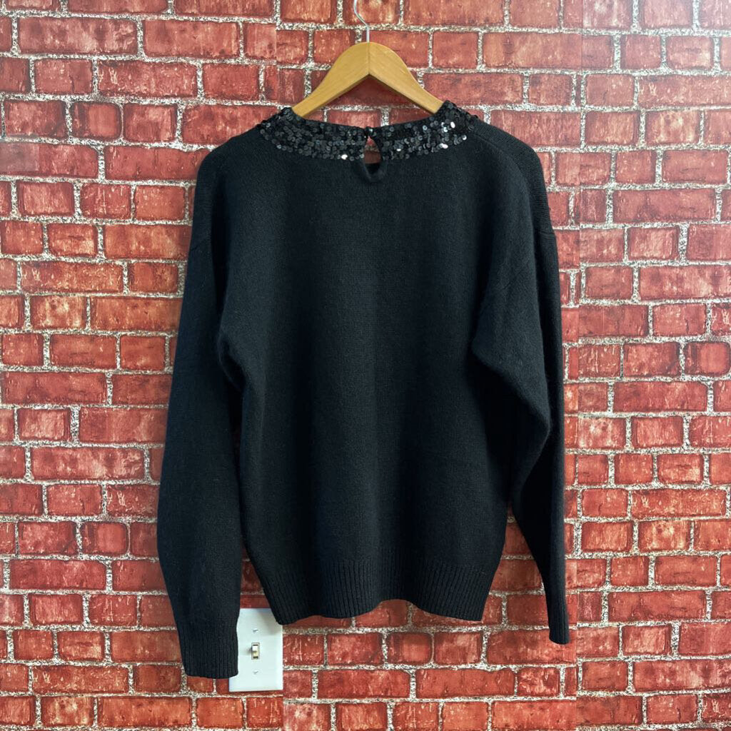 Vintage Sequin Polka Dot Knit Sweater Black Size S