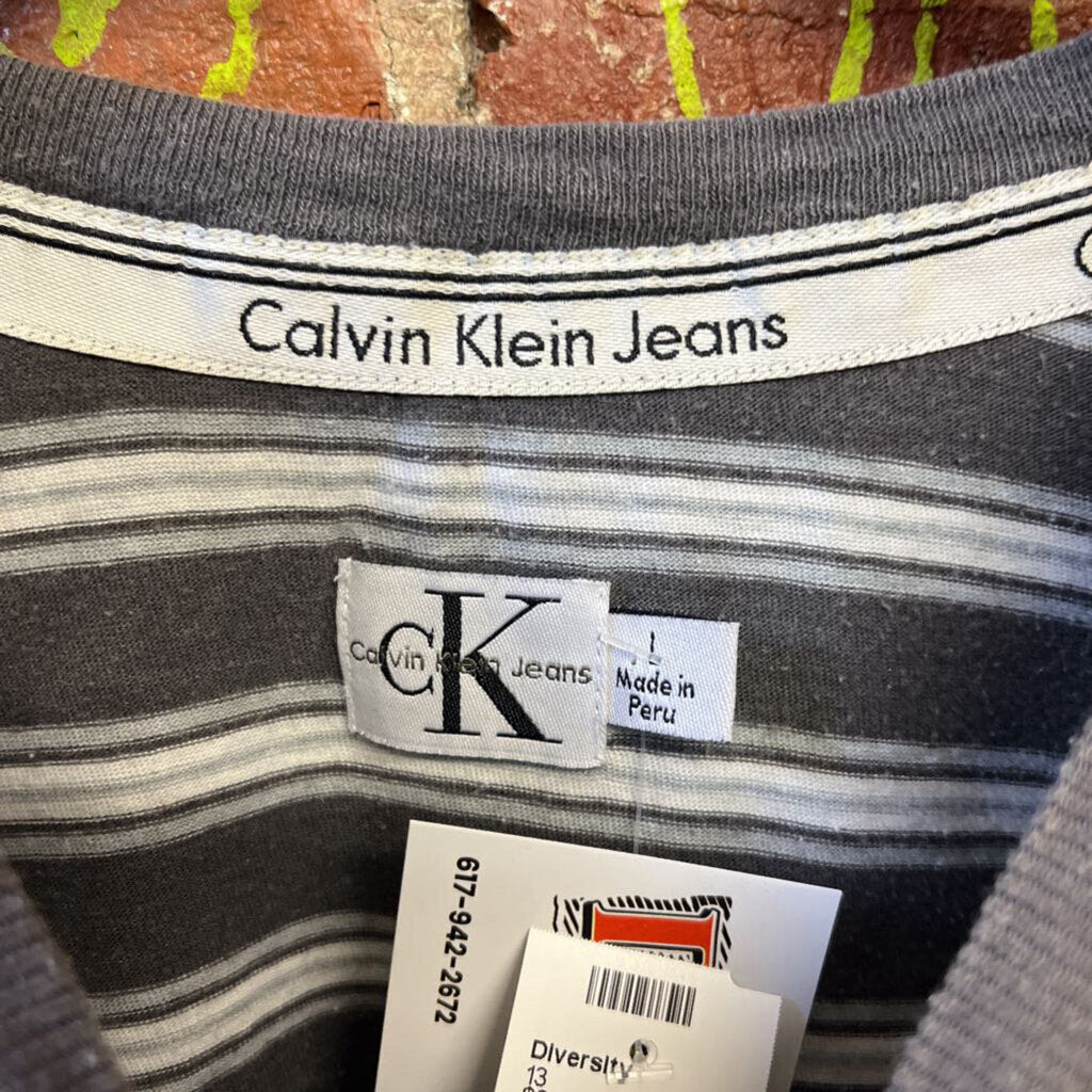 Vtg Calvin Klein Striped LS Tee Grey Size Large