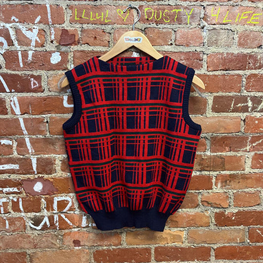 Vintage Post Horn Plaid Knit Sweater Vest Red Size M