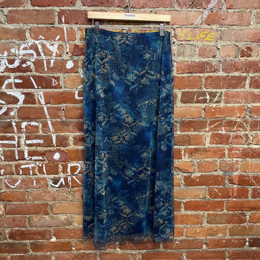 Vintage 90s Danger Mesh Printed Maxi Skirt Blue Size L